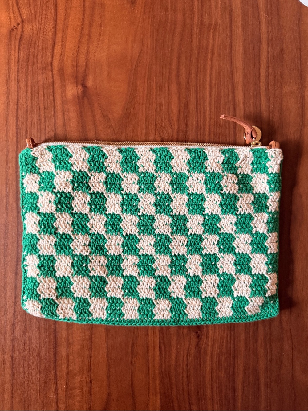 Clare V. Flat Clutch with Tabs in Sea Green & Cream Mini Crochet Checker - Picture 2 of 6